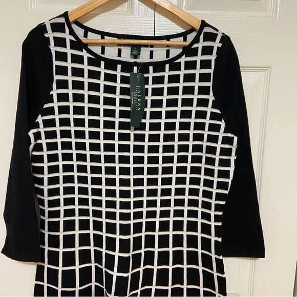 Ralph Lauren NWT Cotton Knit 3/4 sleeve black and White Geometric Dress Size 14 - Picture 3 of 8